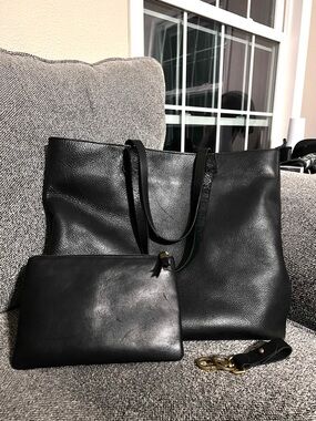 Madewell black leather tote, wallet, and key fob set

 $266 value